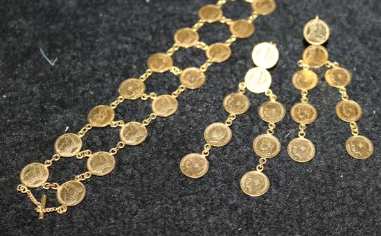 Suite of facsimile coin jewellery comprising a bracelet and pair of earrings